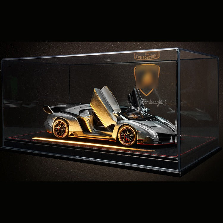 Solis Veneno — Silver / Leather Light-Up Base + Case + Backdrop + Base Battery Box: Lamborghini Veneno 1:24 model car, silver, leather light-up base + case + backdrop + base battery box