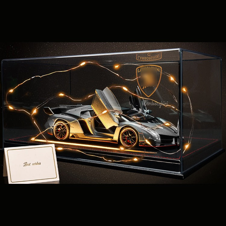 Solis Veneno — Silver / Gift Set: Leather Base, Case, Fairy Lights & Card: Lamborghini Veneno 1:24 model car, silver, gift set: leather base, case, fairy lights & card