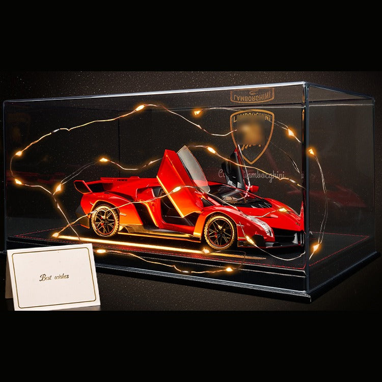 Solis Veneno — Red / Gift Set: Leather Base, Case, Fairy Lights & Card: Lamborghini Veneno 1:24 model car, red, gift set: leather base, case, fairy lights & card