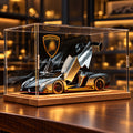Solis Veneno — Silver / Wood Light-Up Base + Case + Logo Backdrop: Lamborghini Veneno 1:24 model car, silver, wood light-up base + case + logo backdrop