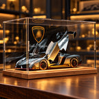 Solis Veneno — Silver / Wood Light-Up Base + Case + Logo Backdrop: Lamborghini Veneno 1:24 model car, silver, wood light-up base + case + logo backdrop