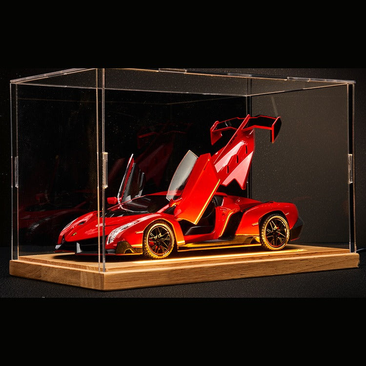 Solis Veneno — Red / Wood Light-Up Base + Case + Logo Backdrop: Lamborghini Veneno 1:24 model car, red, wood light-up base + case + logo backdrop