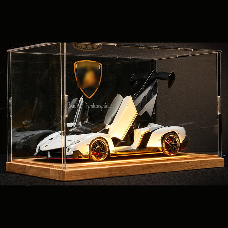 Solis Veneno — White / Wood Light-Up Base + Case + Logo Backdrop: Lamborghini Veneno 1:24 model car, white, wood light-up base + case + logo backdrop