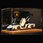 Solis Veneno — White / Wood Light-Up Base + Case + Logo Backdrop: Lamborghini Veneno 1:24 model car, white, wood light-up base + case + logo backdrop