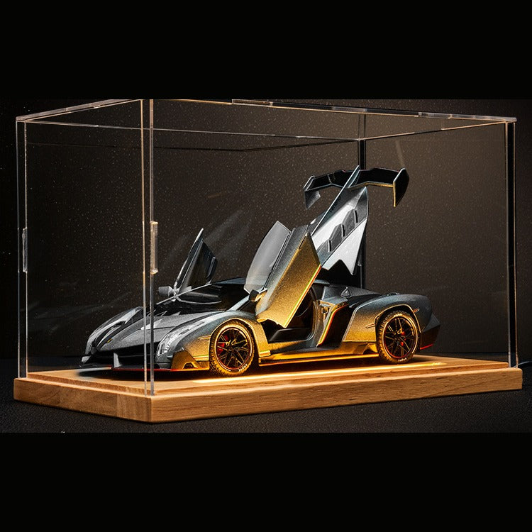 Solis Veneno — Silver / Wood Light-Up Base + Case: Lamborghini Veneno 1:24 model car, silver, wood light-up base + case