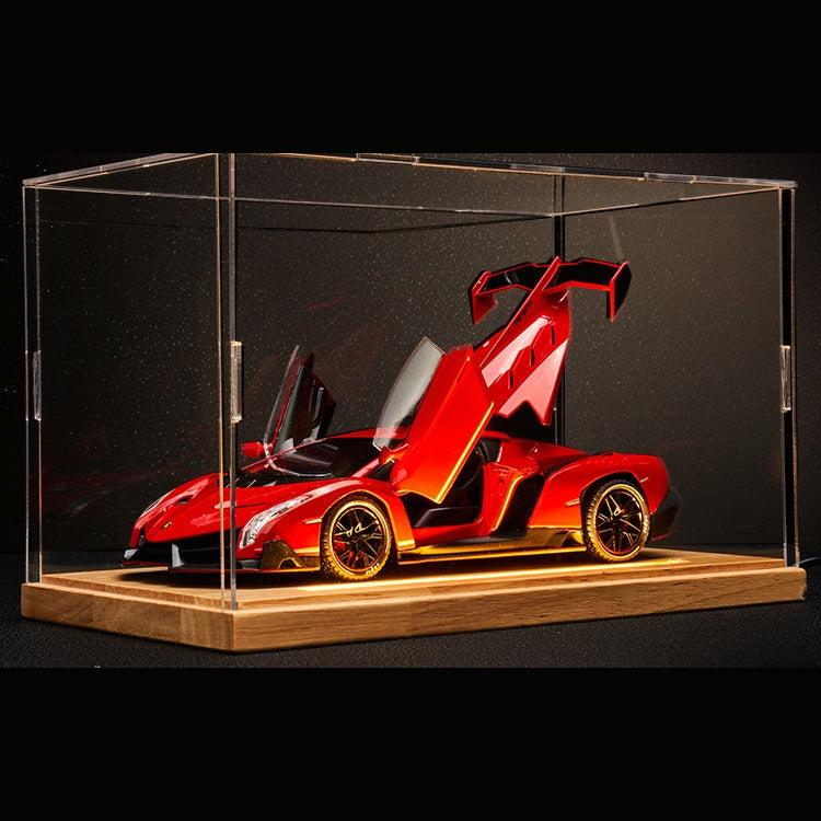 Solis Veneno — Red / Wood Light-Up Base + Case: Lamborghini Veneno 1:24 model car, red, wood light-up base + case