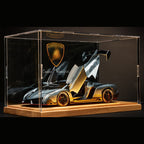 Solis Veneno — Silver / Wood Light-Up Base + Case + Backdrop + Base Battery Box: Lamborghini Veneno 1:24 model car, silver, wood light-up base + case + backdrop + base battery box