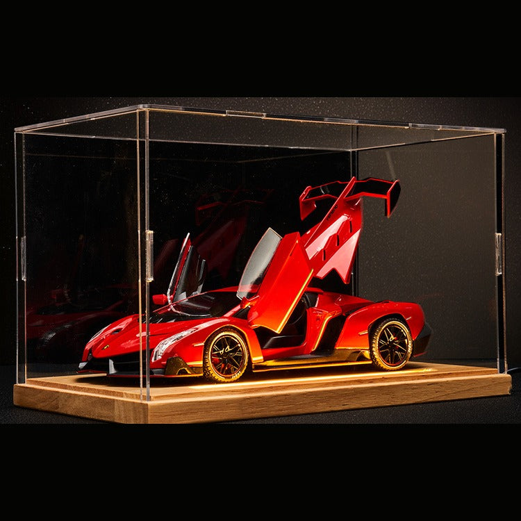 Solis Veneno — Red / Wood Light-Up Base + Case + Backdrop + Base Battery Box: Lamborghini Veneno 1:24 model car, red, wood light-up base + case + backdrop + base battery box