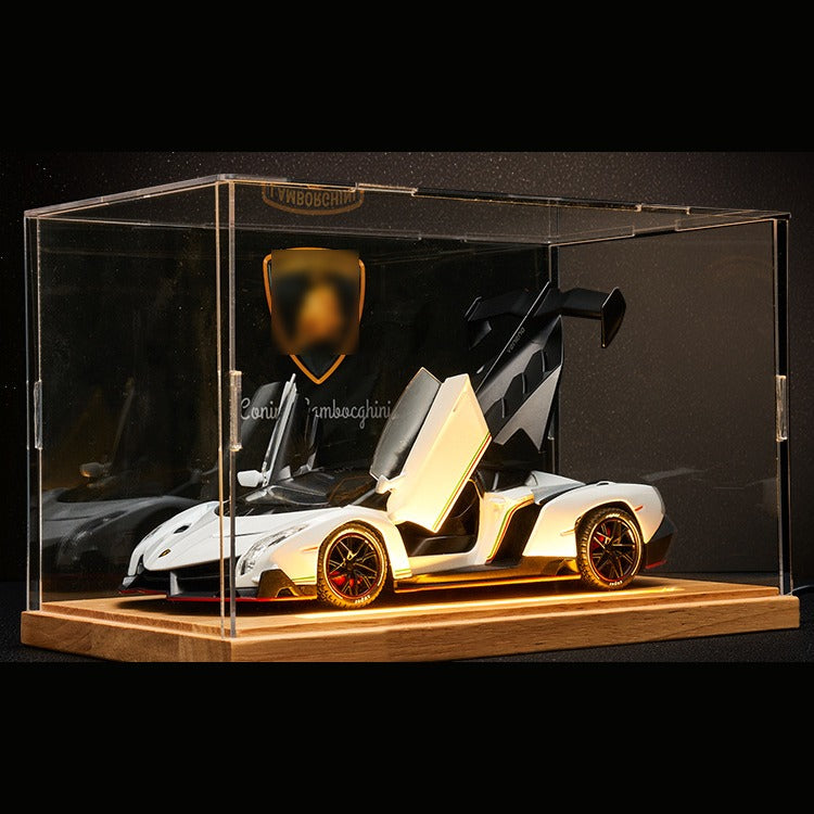 Solis Veneno — White / Wood Light-Up Base + Case + Backdrop + Base Battery Box: Lamborghini Veneno 1:24 model car, white, wood light-up base + case + backdrop + base battery box