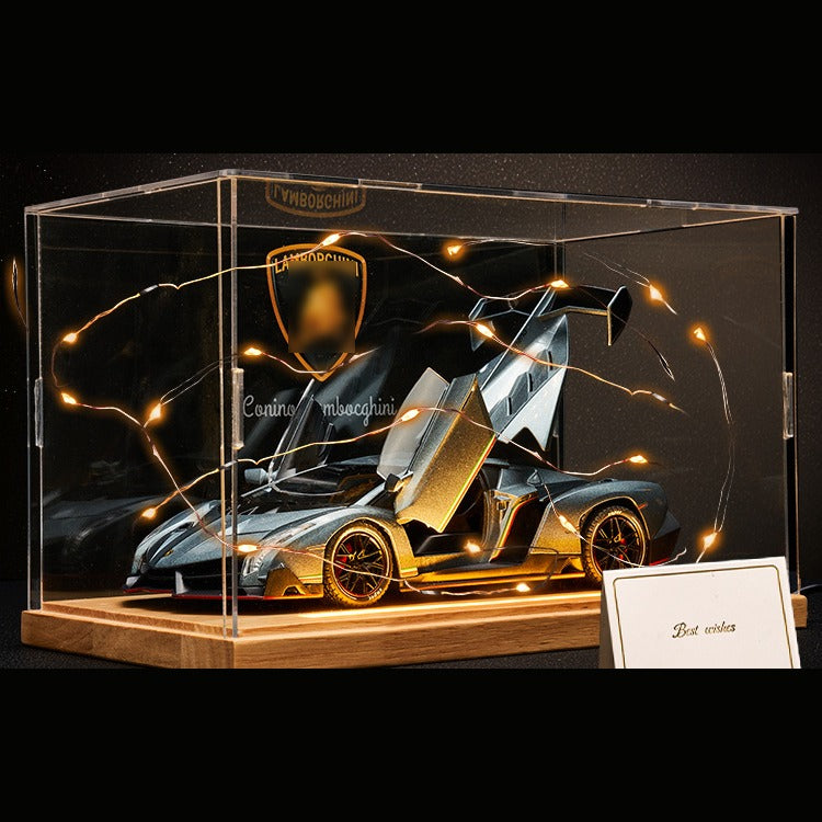 Solis Veneno — Silver / Gift Set: Wood Base, Case, Fairy Lights & Card: Lamborghini Veneno 1:24 model car, silver, gift set: wood base, case, fairy lights & card