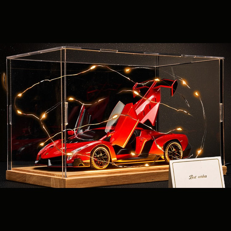 Solis Veneno — Red / Gift Set: Wood Base, Case, Fairy Lights & Card: Lamborghini Veneno 1:24 model car, red, gift set: wood base, case, fairy lights & card