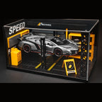 Solis Veneno — Silver / Garage Diorama with Lights + Case: Lamborghini Veneno 1:24 model car, silver, garage diorama with lights + case