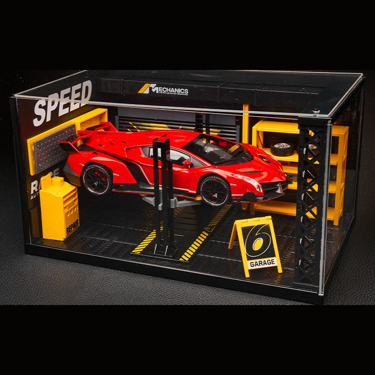 Solis Veneno — Red / Garage Diorama with Lights + Case: Lamborghini Veneno 1:24 model car, red, garage diorama with lights + case