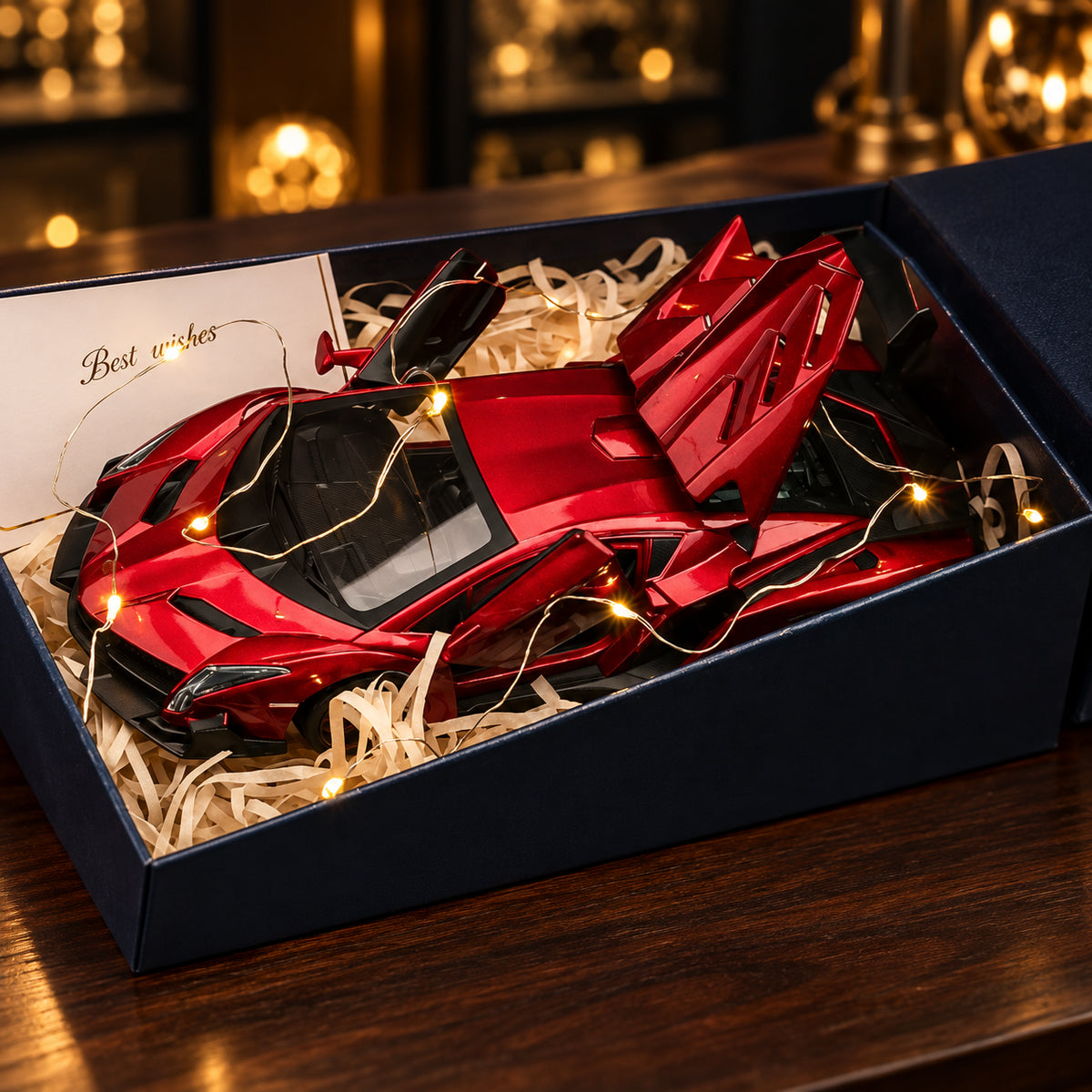Solis Veneno — Red / Gift Box with Gift Bag, Card & Fairy Lights: Lamborghini Veneno 1:24 model car, red, gift box with gift bag, card & fairy lights
