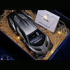 Solis Veneno — Silver / Gift Box with Gift Bag, Card & Fairy Lights: Lamborghini Veneno 1:24 model car, silver, gift box with gift bag, card & fairy lights