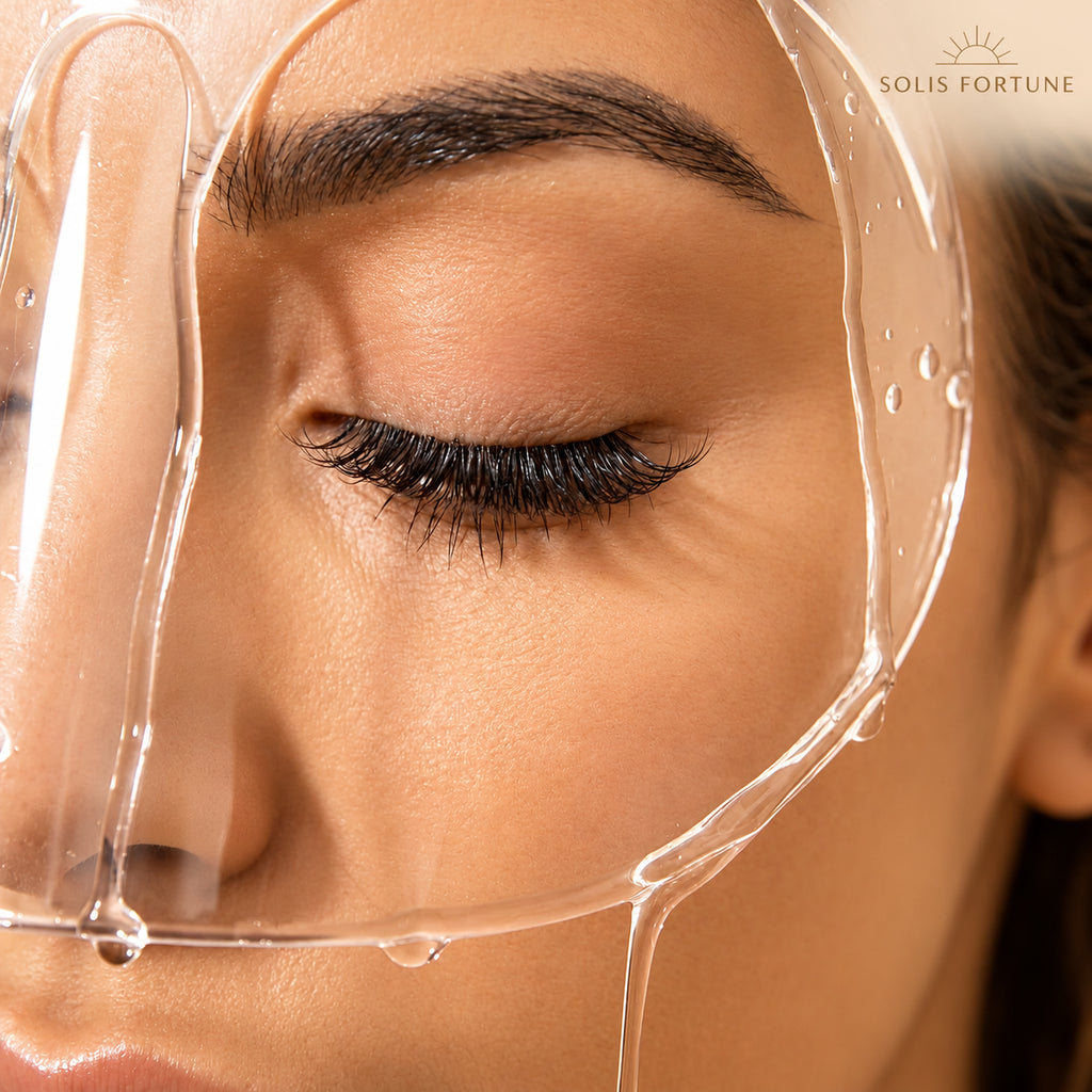 Solis Lash Guard — close-up: lash extensions dry under the clear shield while water runs off its edge