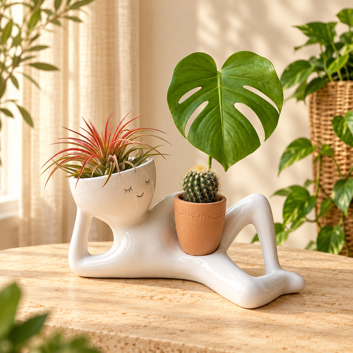 Solis Lazy Bloom — face planter with body on a windowsill with an air plant and a mini cactus pot