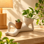 Solis Lazy Bloom — face planter with pothos in the head and a succulent in the mini pot under a lamp