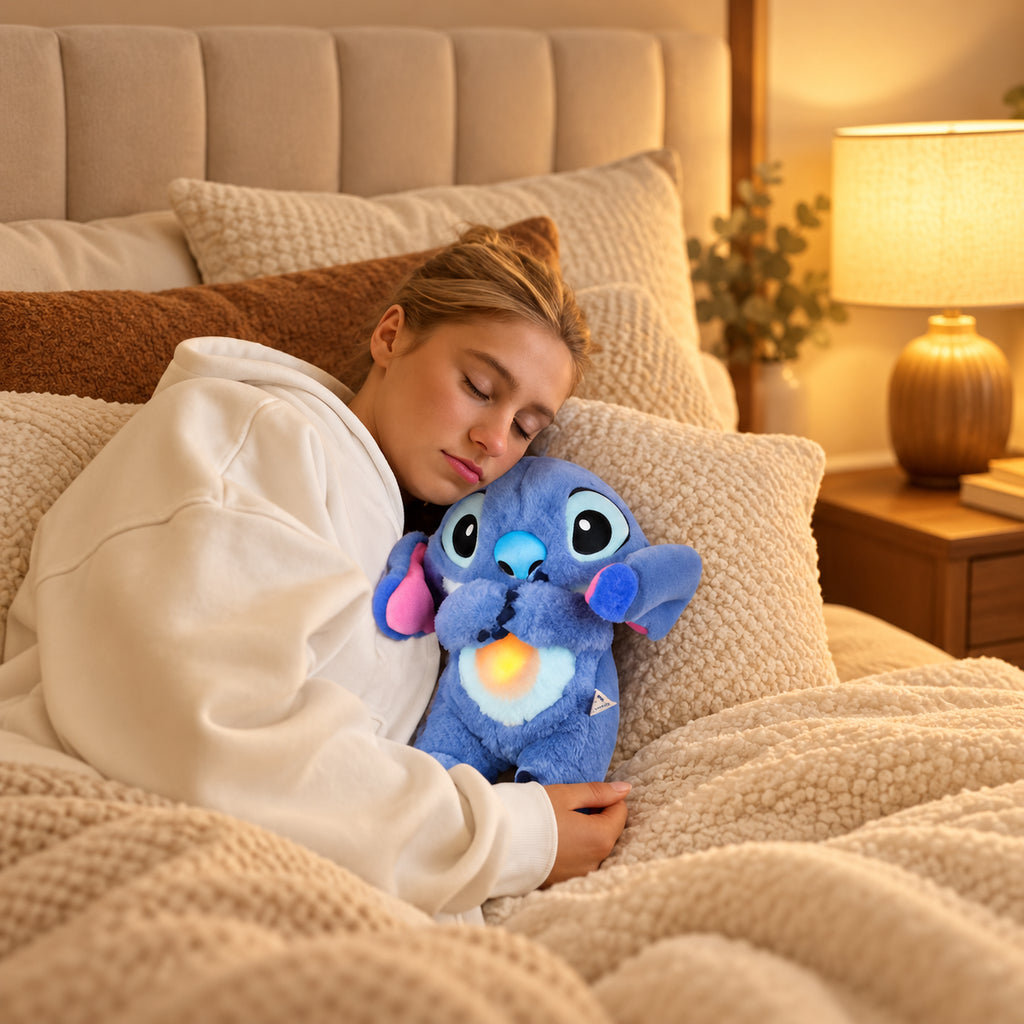 Solis Lullo — woman asleep hugging the breathing Stitch plush while it plays a lullaby