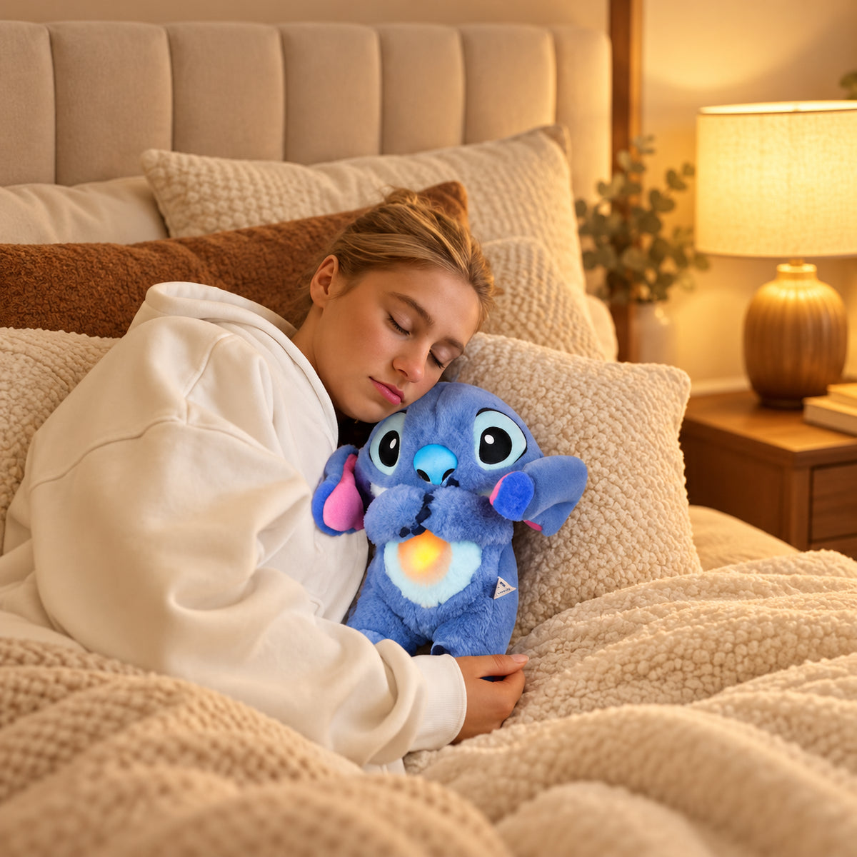 Solis Lullo — woman asleep hugging the breathing Stitch plush while it plays a lullaby