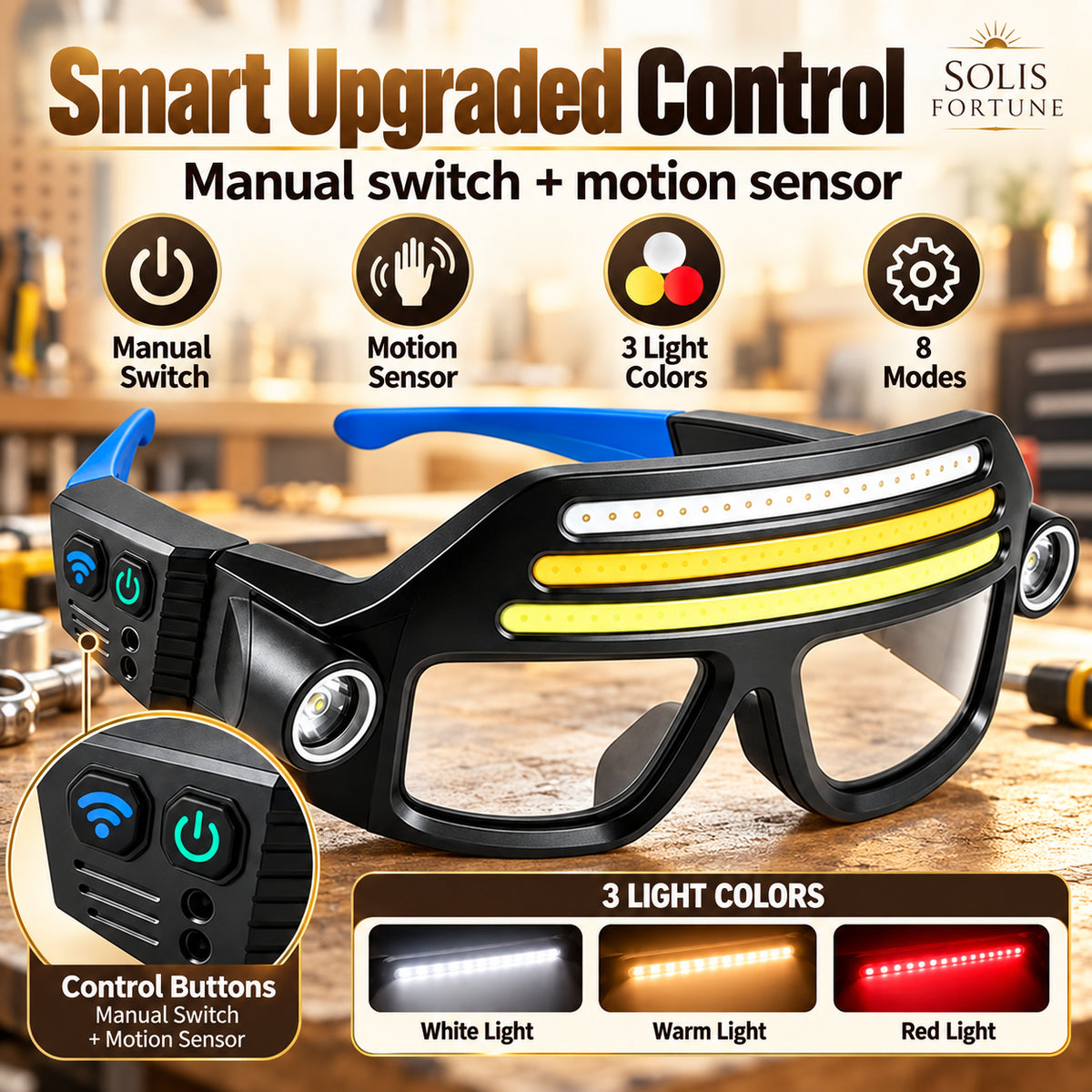 Solis LumaSight — LED glasses light with blue frame, COB floodlight and side spotlights