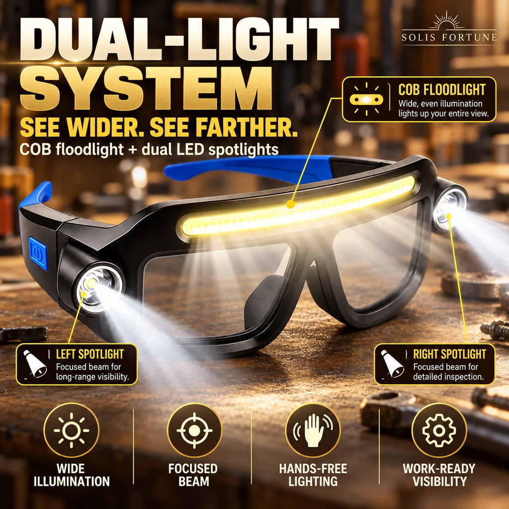 Solis LumaSight — front COB floodlight and two side LED spotlights lit up