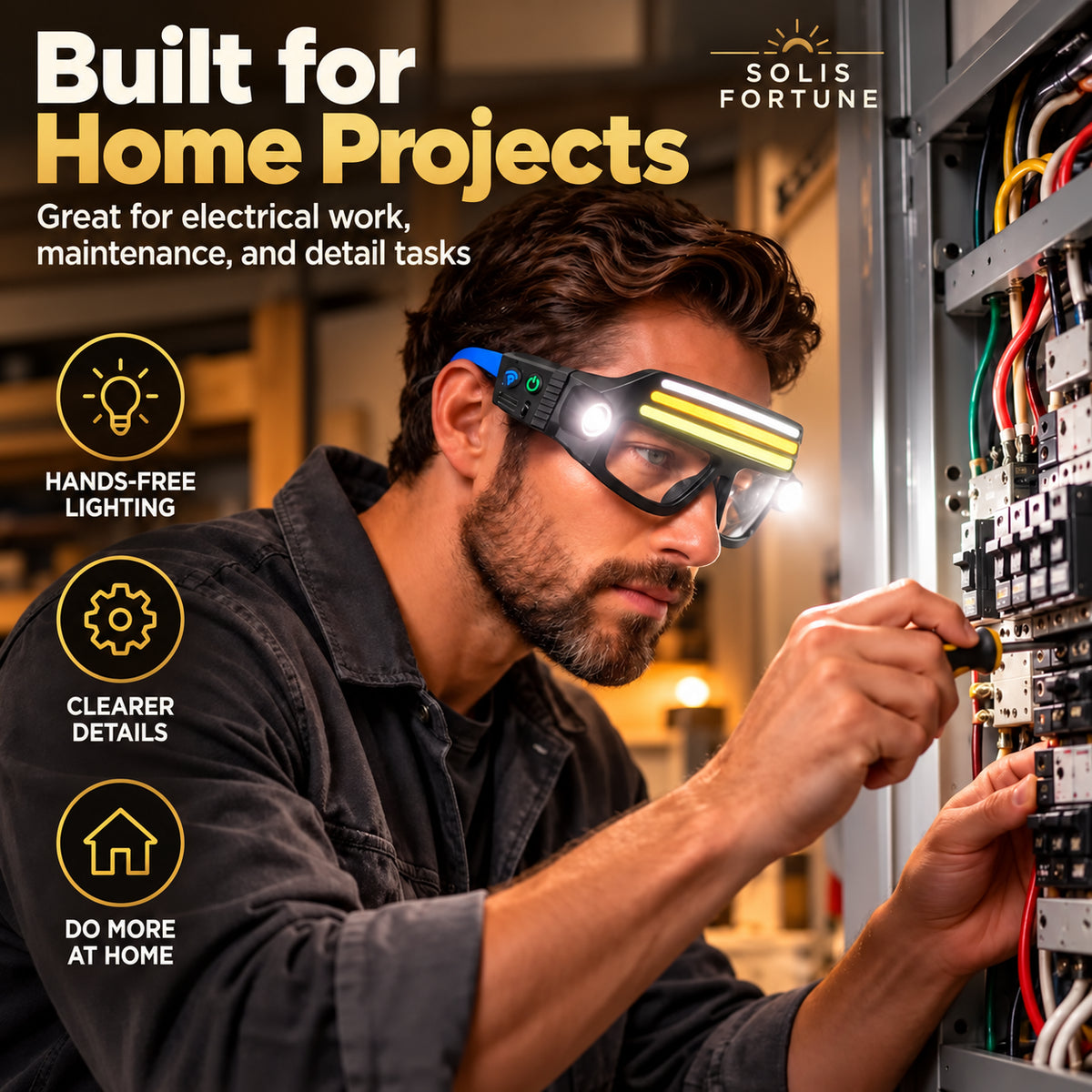 Solis LumaSight — man wearing the LED glasses light during a home project