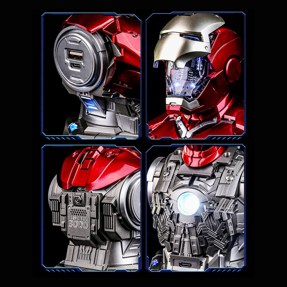 Solis Mark Dock — details: shoulder USB ports, magnetic helmet with glowing eyes, back armour and arc reactor