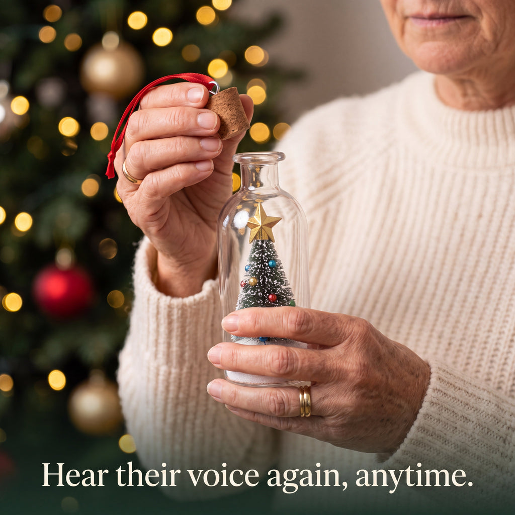Solis Memento — a woman pulling the cork to hear the recorded message