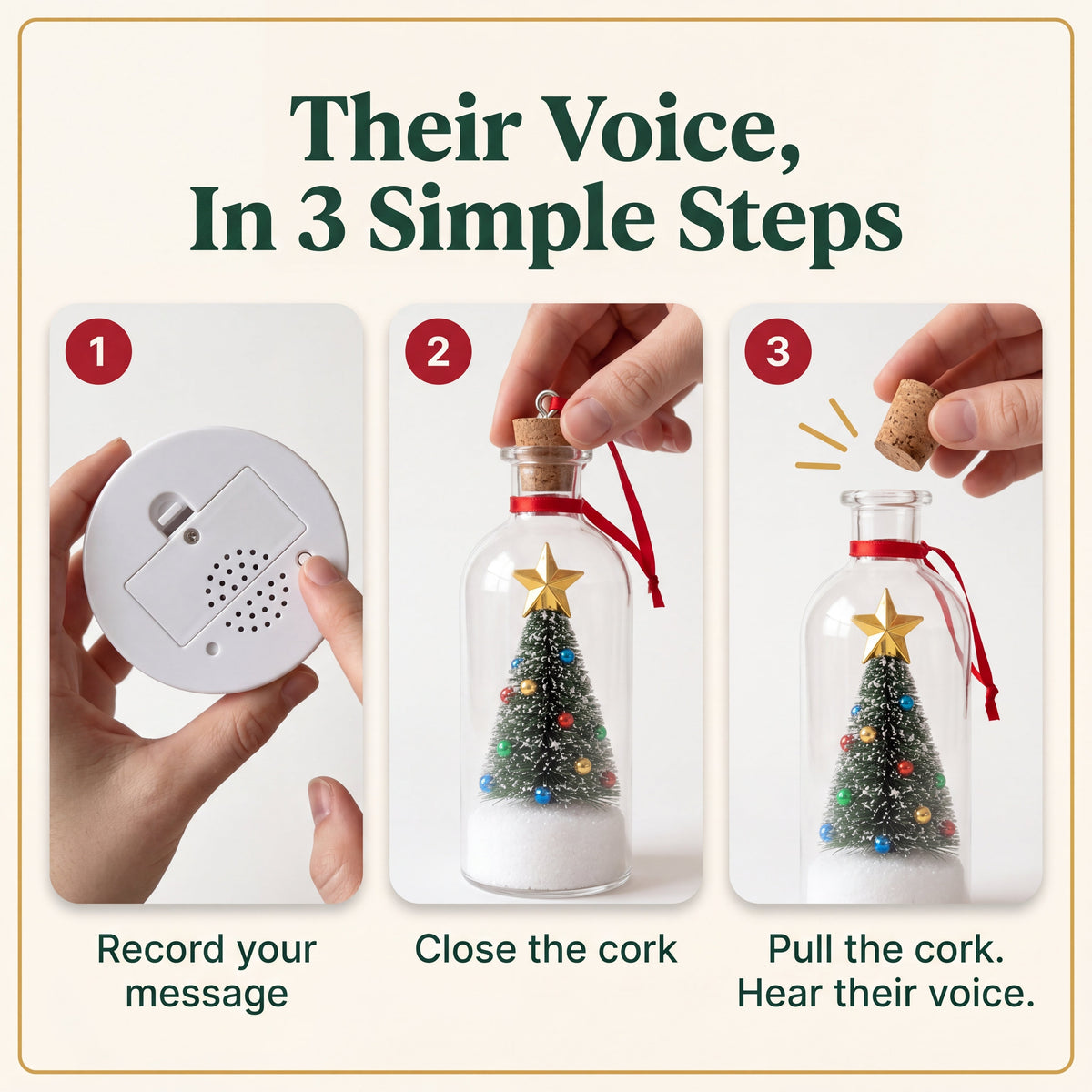 Solis Memento — how it works: record your message, close the cork, pull the cork to hear it