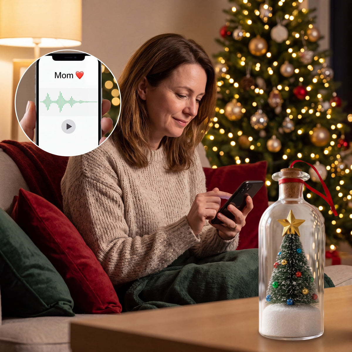 Solis Memento — a woman playing a saved voicemail from her phone into the ornament