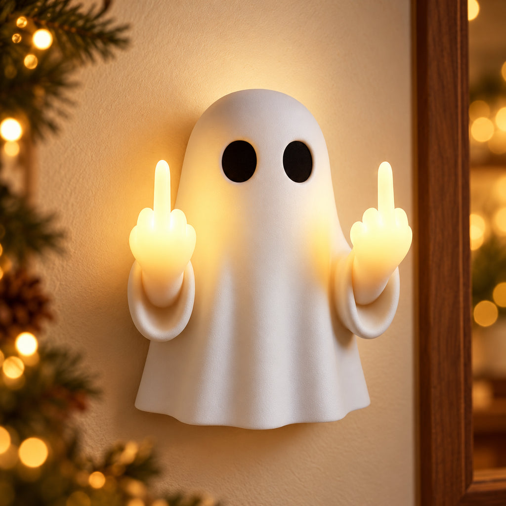 Solis Naughty Glow — Ghost style: middle finger ghost light hanging on a wall