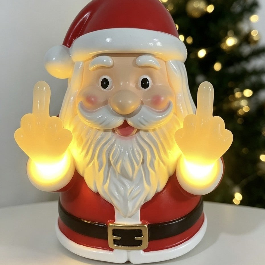 Solis Naughty Glow — close-up of the glowing middle fingers of the Santa light