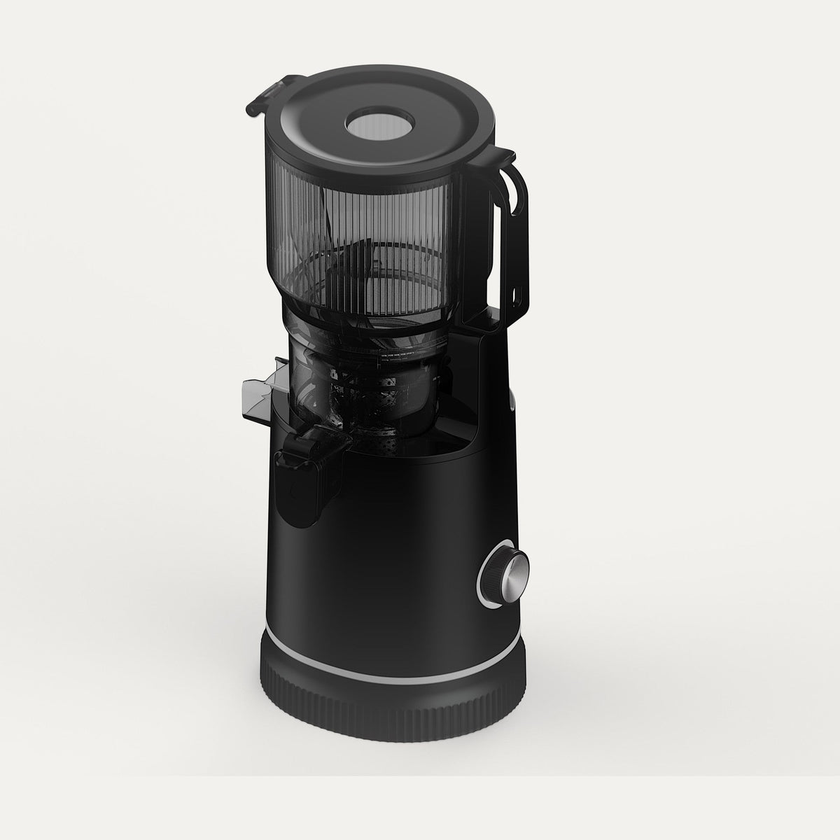 Solis Nectar 65 · Midnight Black slow juicer, three-quarter view with the wide feed hopper and lid