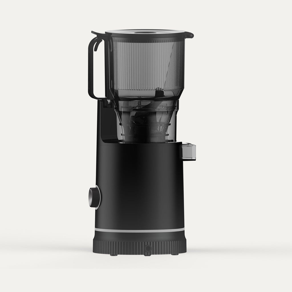 Solis Nectar 65 in midnight black, side view showing the hopper handle and juice spout