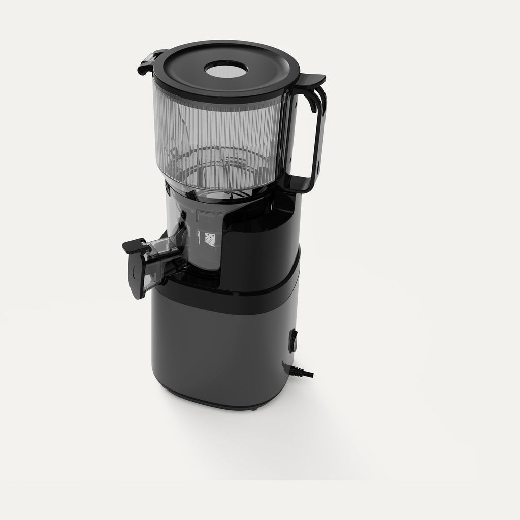 Solis Nectar 90 · Titanium Grey slow juicer, three-quarter view with the lid on the feed hopper