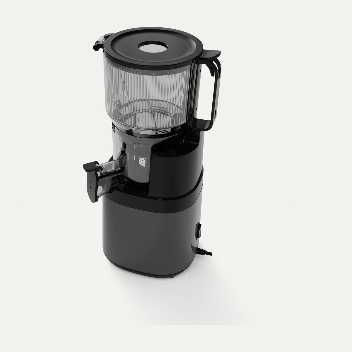 Solis Nectar 90 · Titanium Grey slow juicer, three-quarter view with the lid on the feed hopper