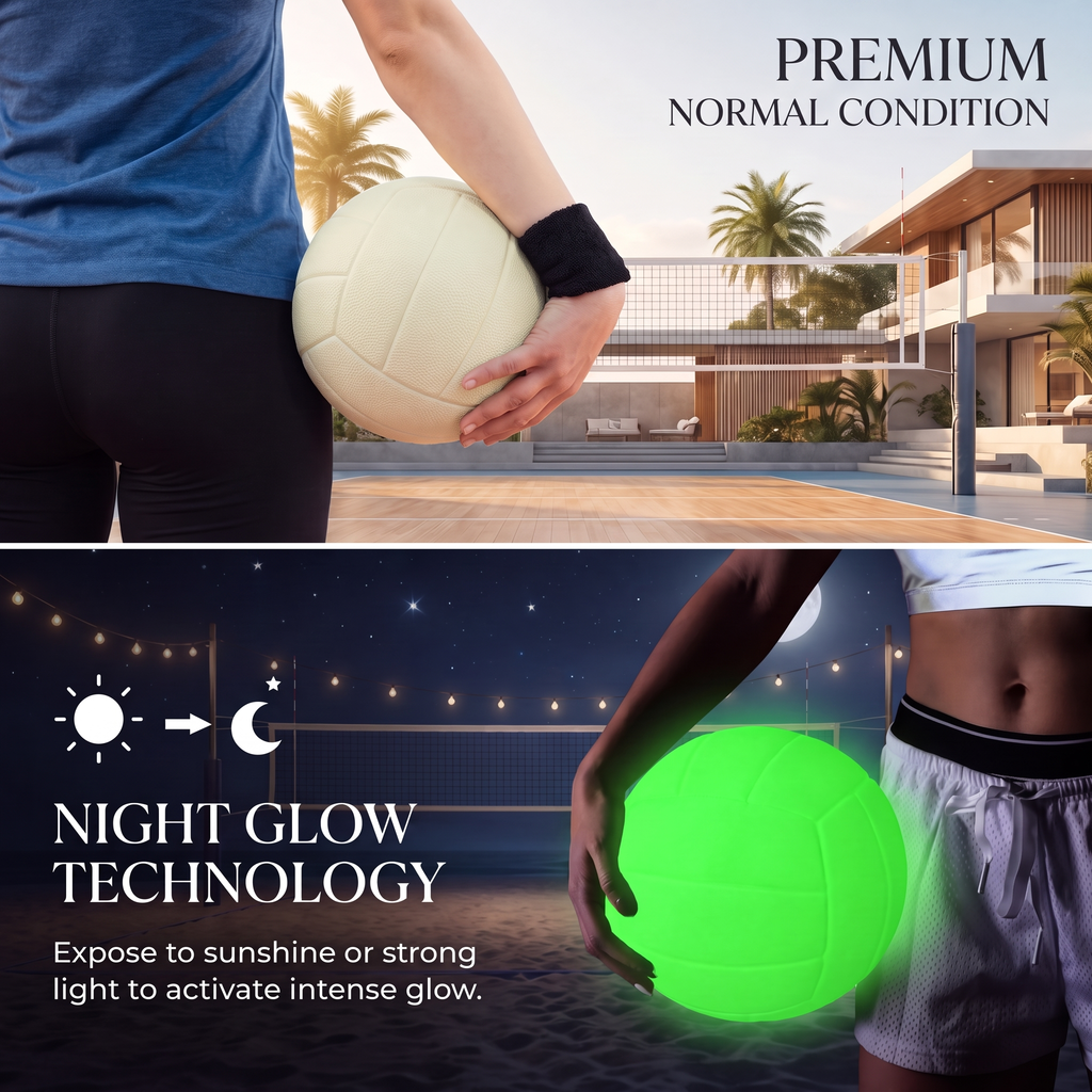 Volleyball shown white in daylight and glowing green at night after charging