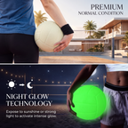 Volleyball shown white in daylight and glowing green at night after charging