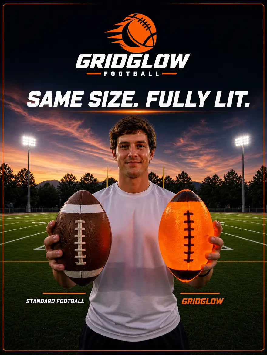 Player holding a standard football and the same-size LED football side by side