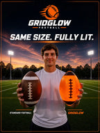 Player holding a standard football and the same-size LED football side by side