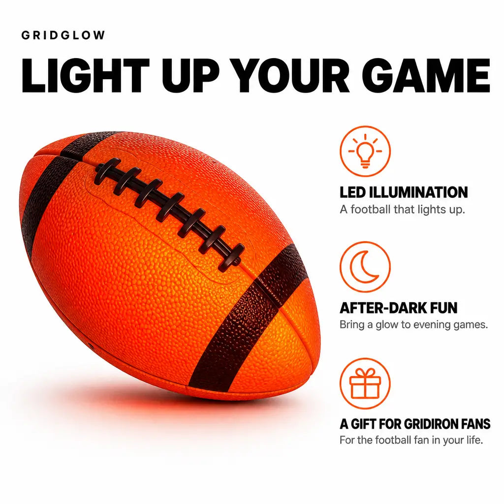 Orange light-up football with LED illumination, after-dark play and gift icons
