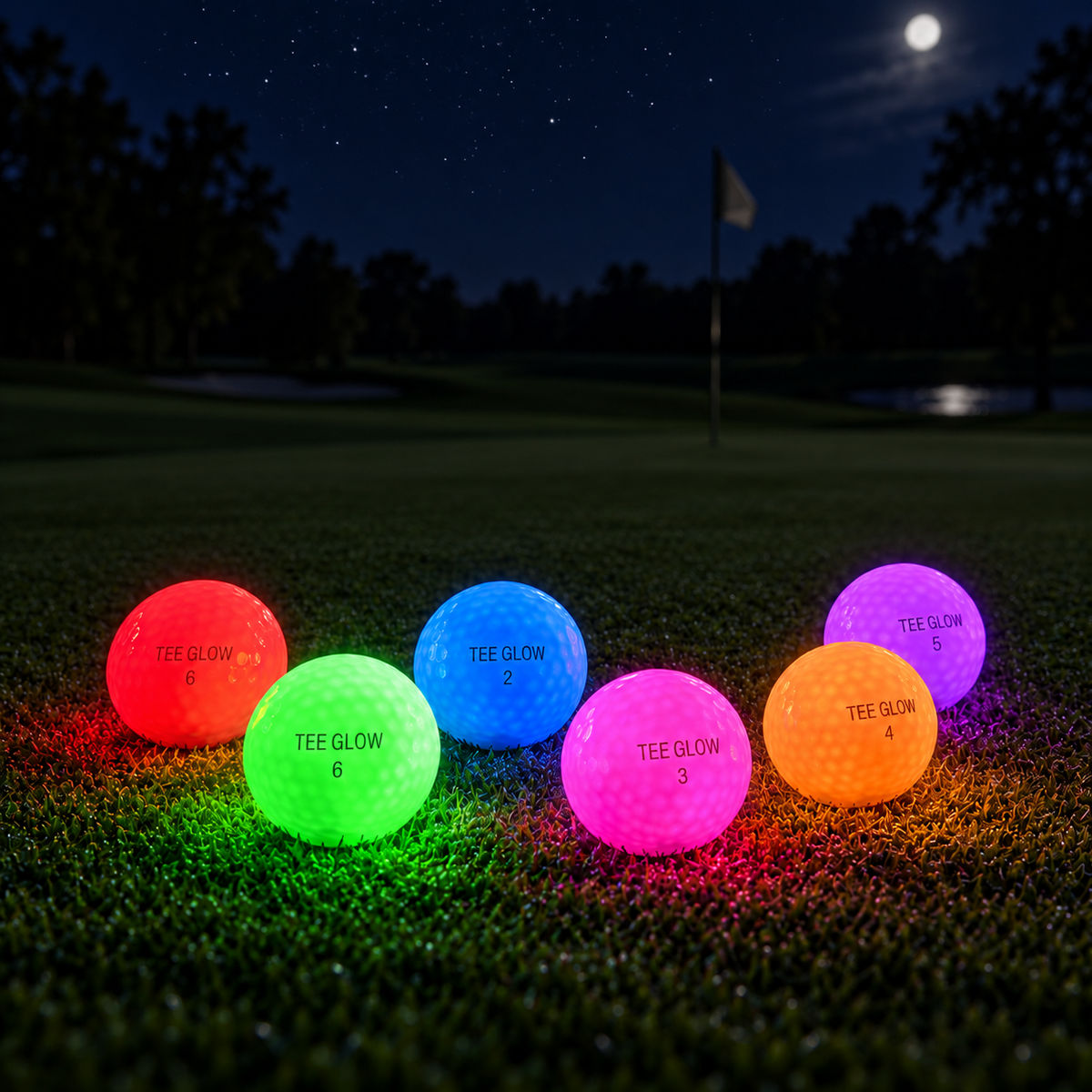 Six LED golf balls glowing in different colours on grass at night beside their box