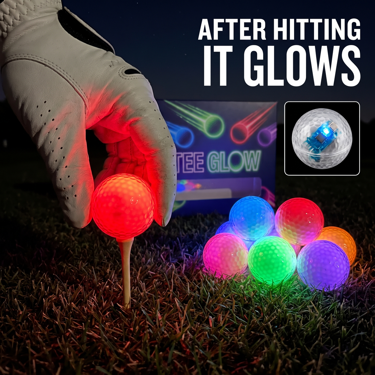 Gloved hand placing a glowing red LED golf ball on a tee after dark