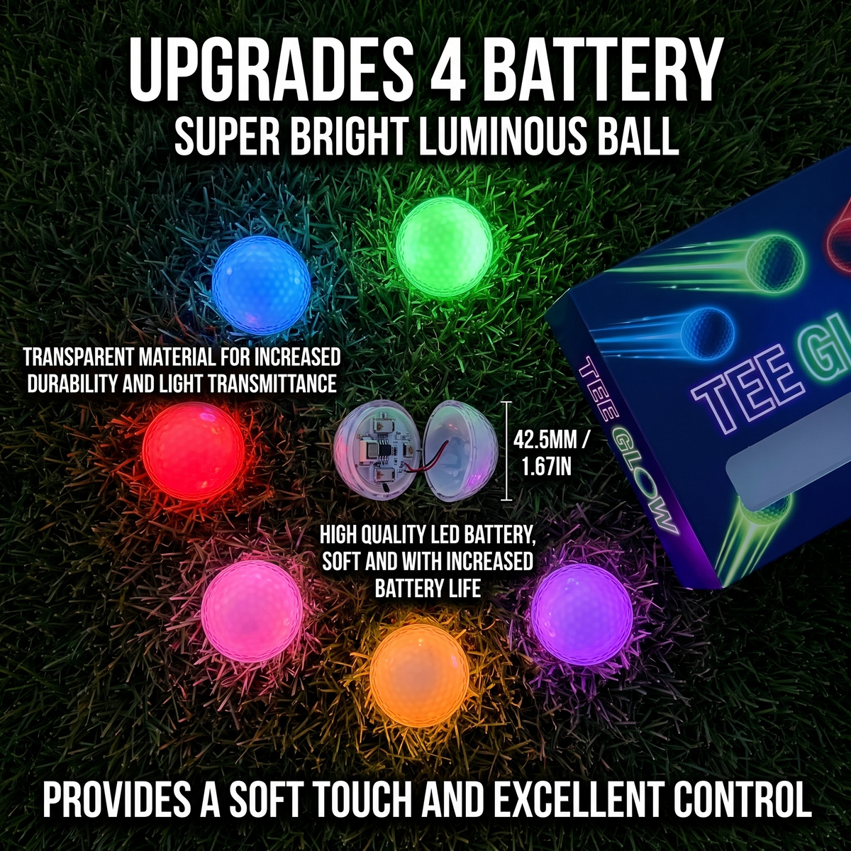 LED golf balls in six colours with a cut-away showing the light inside