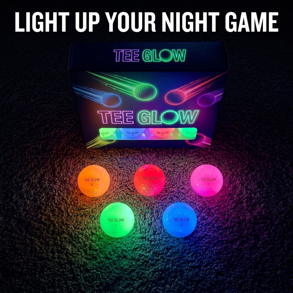 Glowing LED golf balls in orange, red, pink, green and blue in front of the box