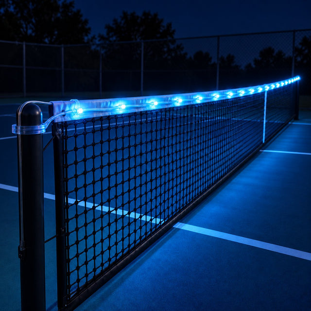 Tennis net lit with LED net lights in blue, green, pink and purple