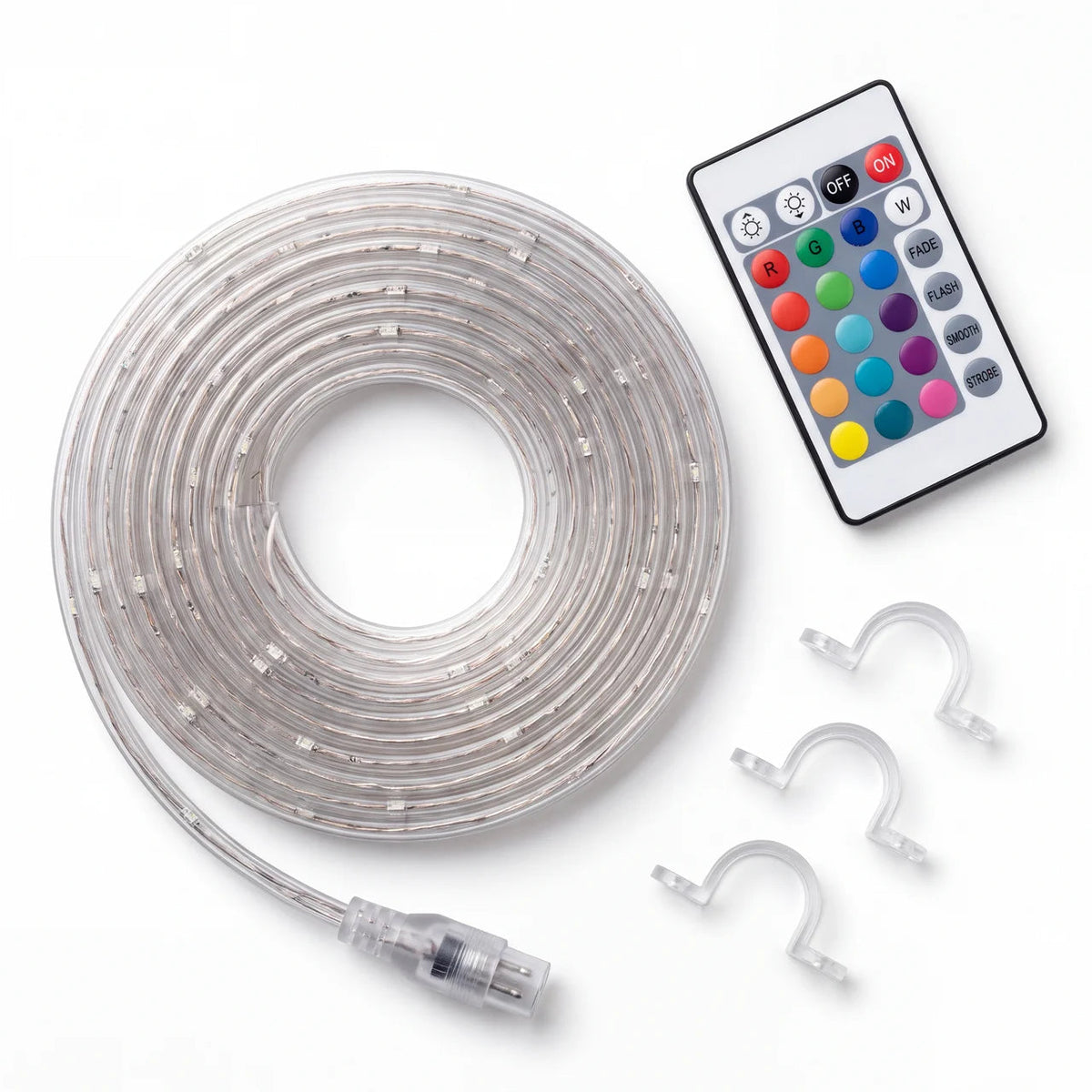 Coiled 12.8 m LED net light strip with remote control and clips