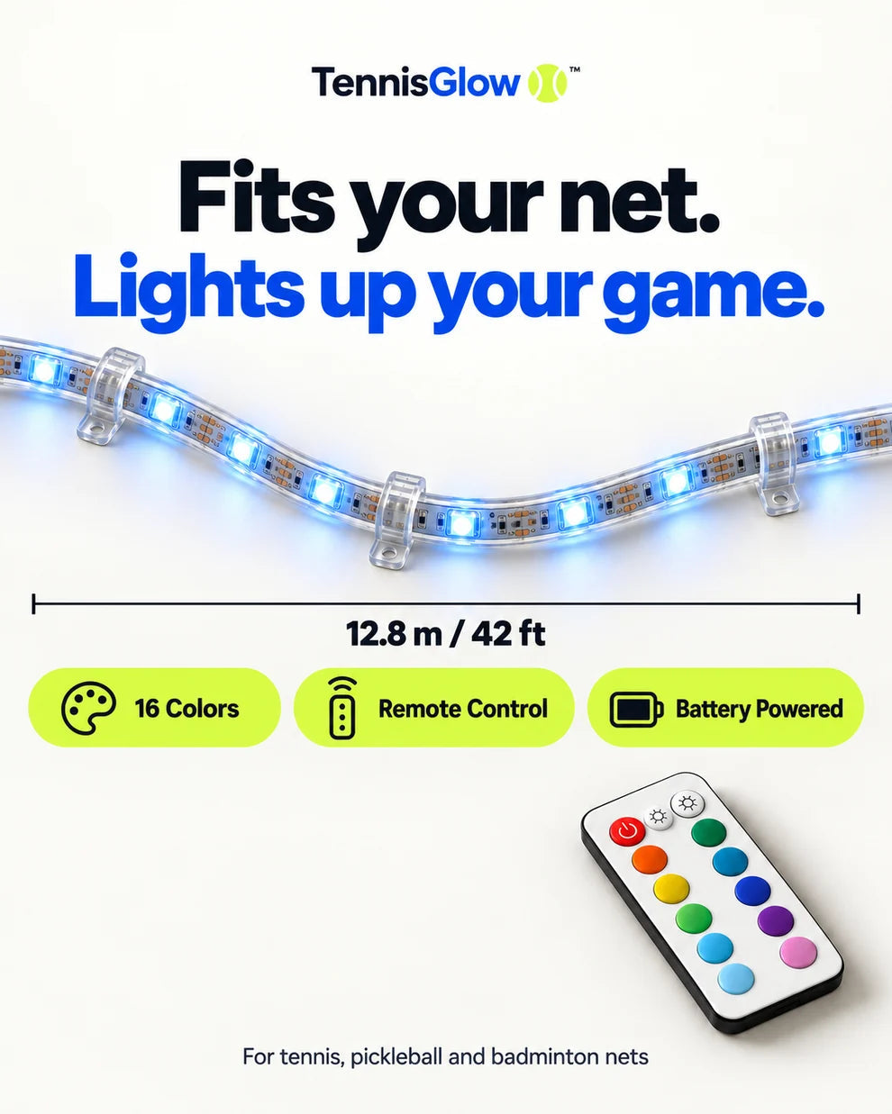 LED net lights: 12.8 m (42 ft), 16 colours, remote control, battery powered