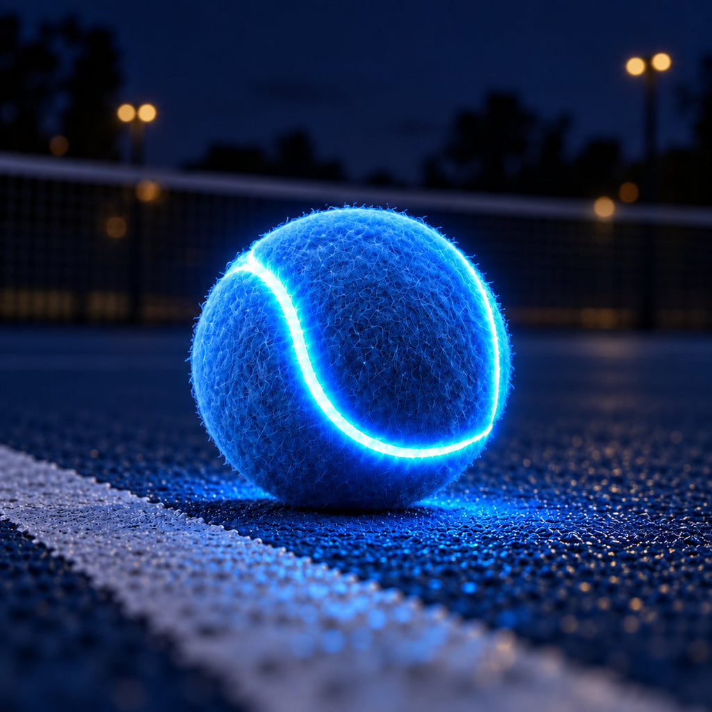 Blue LED tennis ball with a glowing seam